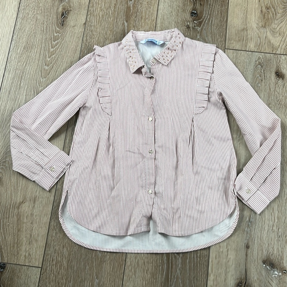 Mayoral Striped Button Down Striped Pink & White Blouse with a Shimmer